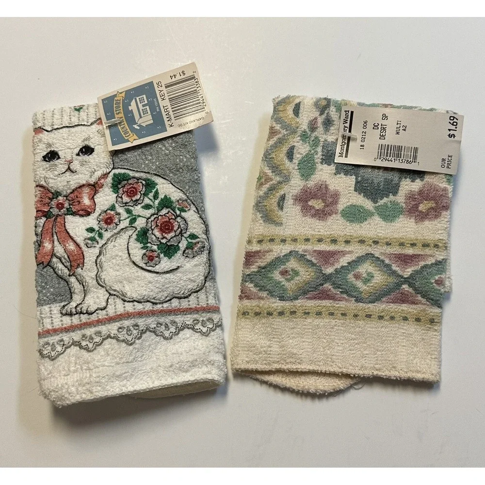 Vintage 80's Cat Pastels Florals Kitchen Hand Towel Made USA NOS lot 2
